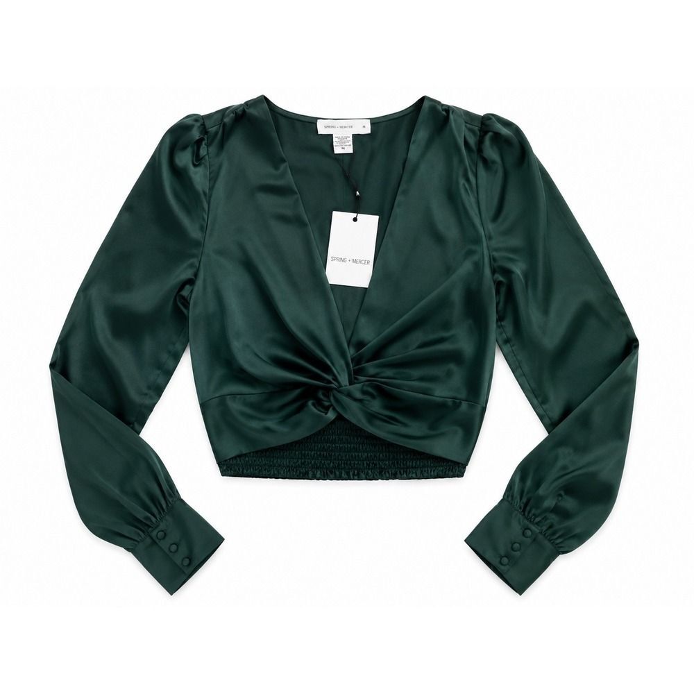 Spring + Mercer Emerald Green Satin Twist Front Crop Blouse XS Puff Sleeve NWT